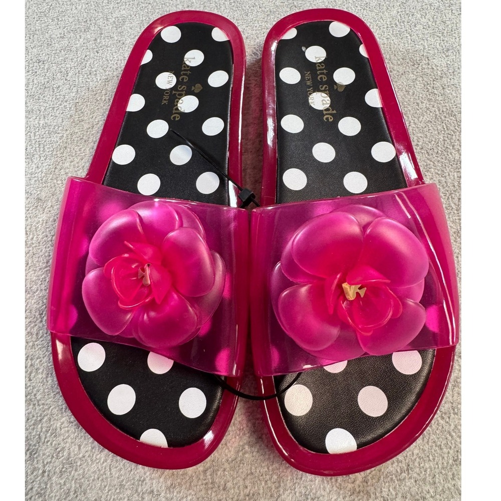 Kate‎ Spade Jelly Slide Sandals Womens 9 Pink Polka Dot Excellent Floral Flower